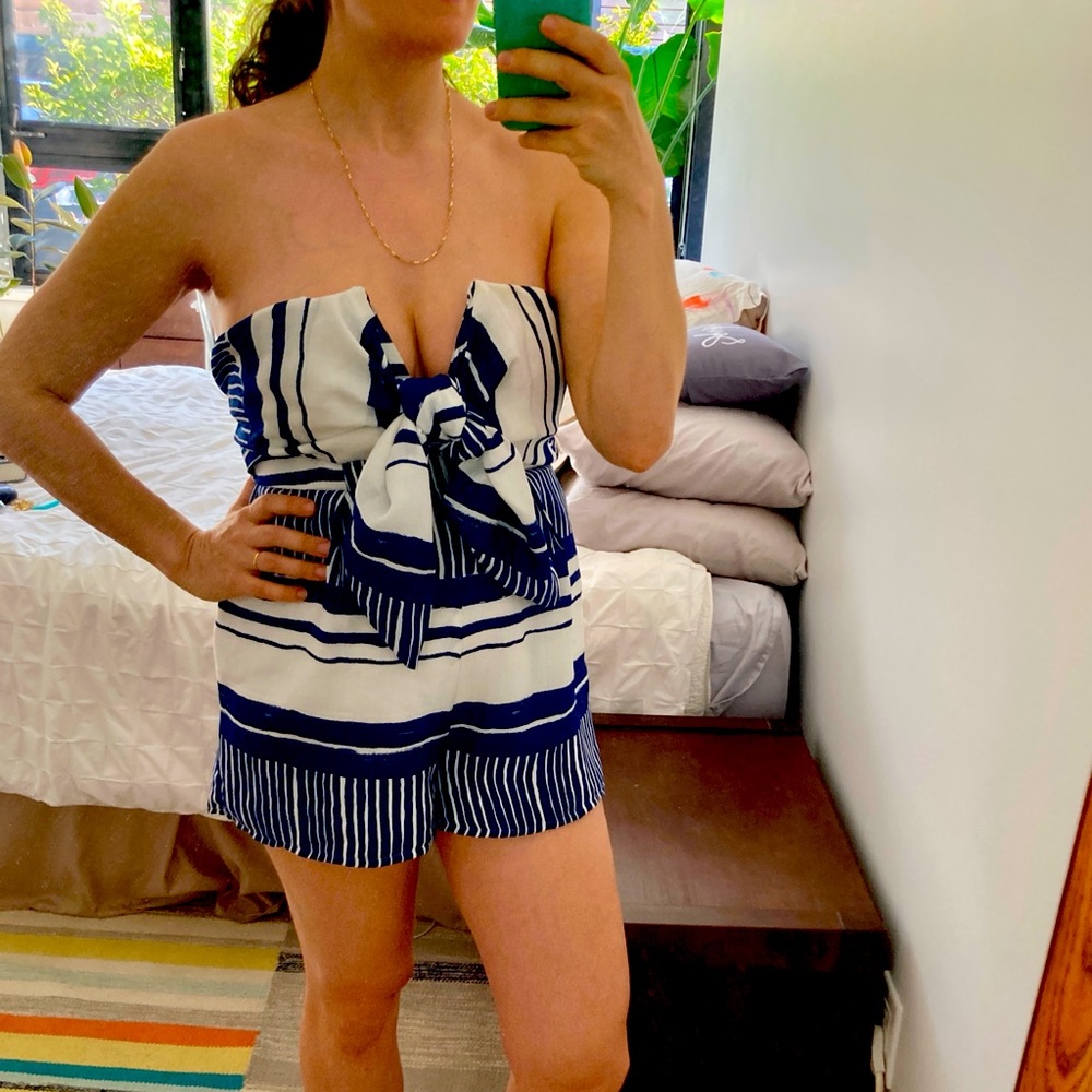 Delphi Blue and White Striped Tie-Front Strapless Romper